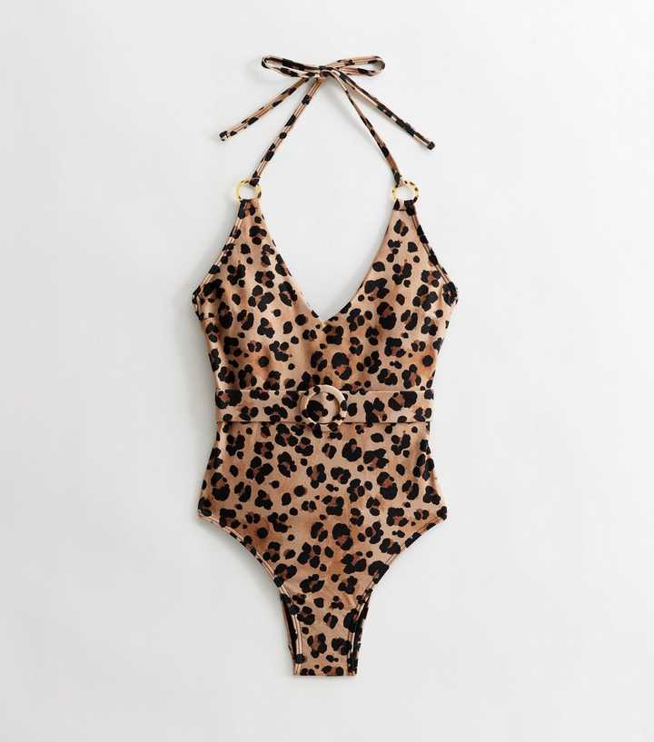 Brown Leopard Print Belted Halter Swimsuit