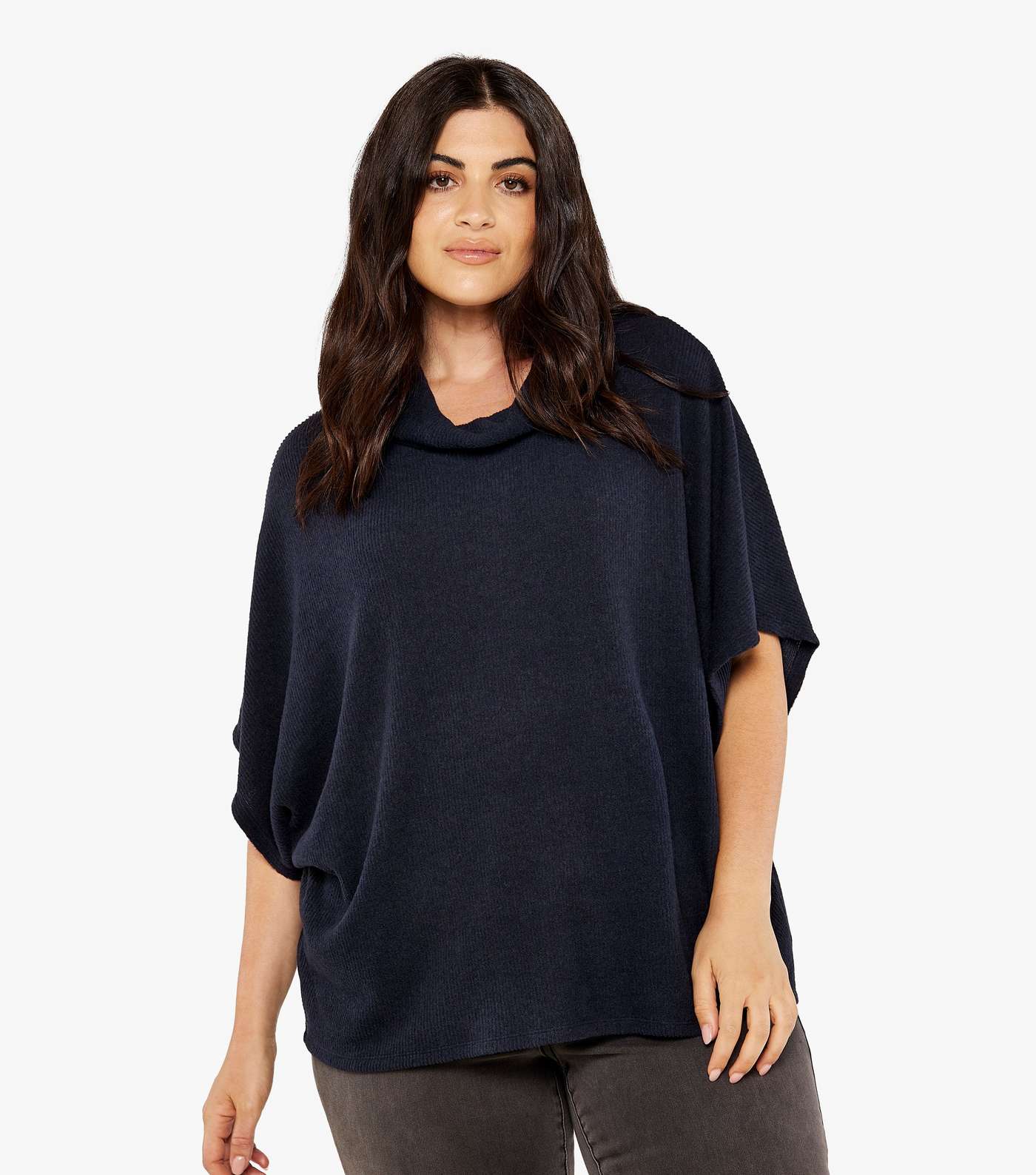 Apricot Curves Navy Soft Ribbed Knit Roll Neck Short Sleeve Top