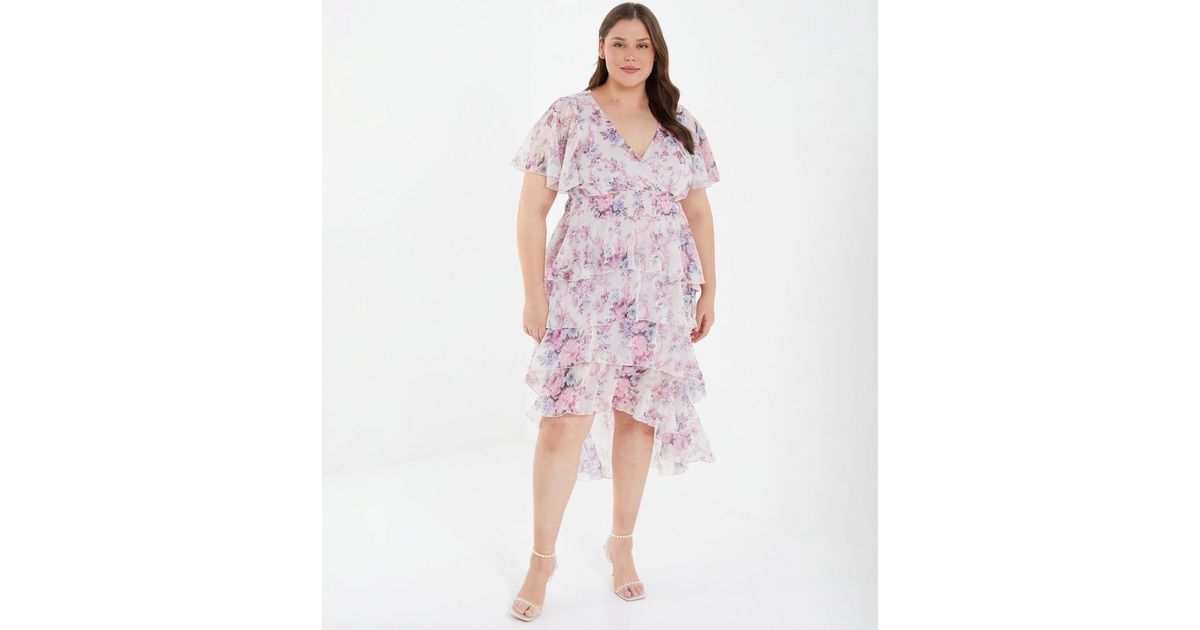 QUIZ Curves Pink Floral Chiffon Midi Wrap Dress | New Look