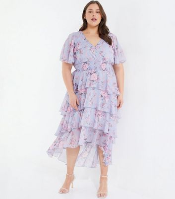 Curves Pale Blue Floral Chiffon Tiered Midi Wrap Dress New Look