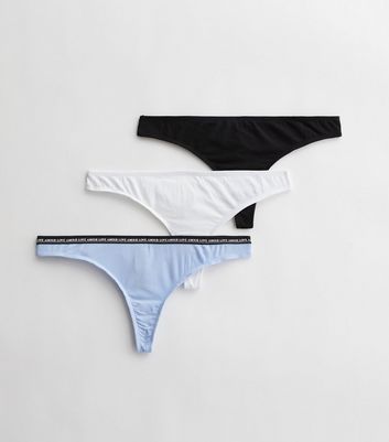 3 Pack Pale Blue White and Black Love Logo Thongs New Look