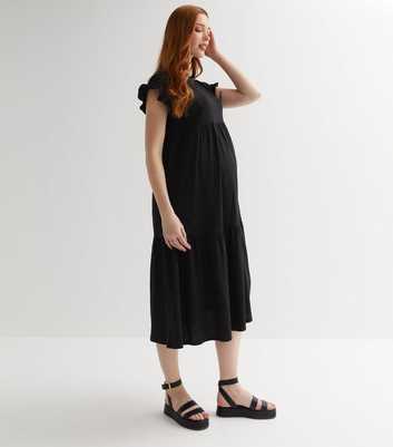 Maternity Black Frill Sleeve Tiered Midi Smock Dress