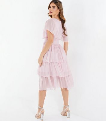 QUIZ Pink Glitter Chiffon Tiered Midi Dress New Look