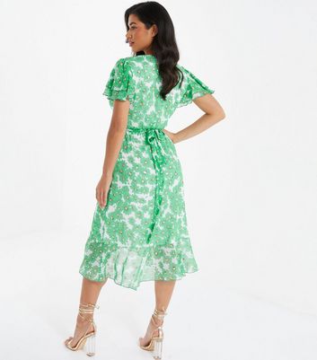 QUIZ Green Floral Wrap Midi Dress New Look