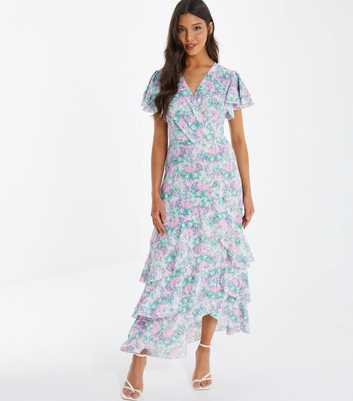 QUIZ Blue Abstract Frill Tiered Maxi Wrap Dress