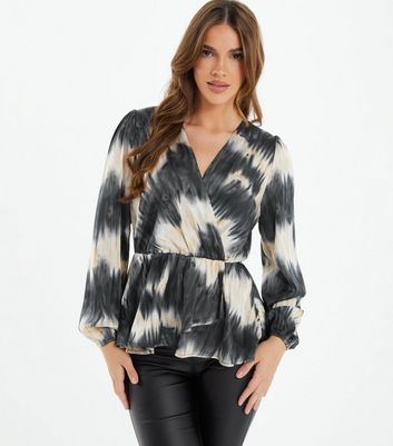 QUIZ Black Abstract Satin Long Sleeve Peplum Wrap Top | New Look