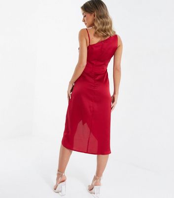 QUIZ Dark Red Satin One Shoulder Belted Midi Wrap Dress New Look