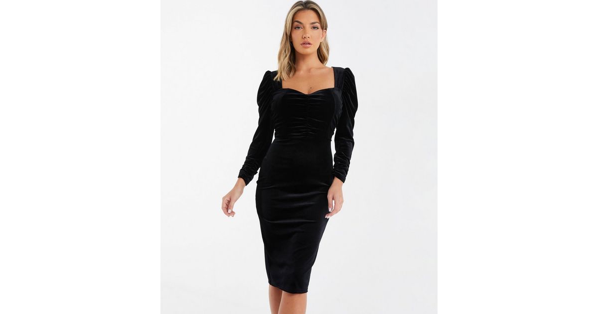 Quiz Black Velvet Sweetheart Neck Long Sleeve Midi Bodycon Dress New Look 