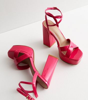 Bright Pink Patent Strappy Platform Block Heel Sandals New Look