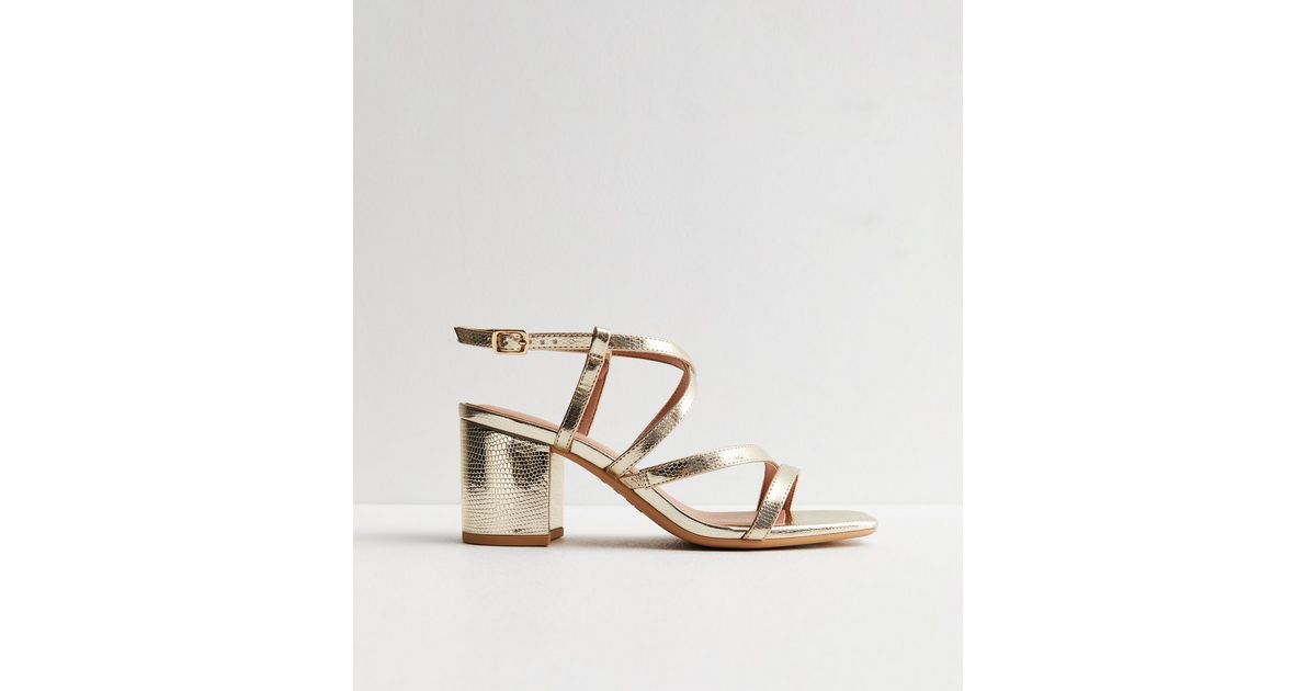 Wide Fit Gold Faux Snake Strappy Block Heel Sandals | New Look