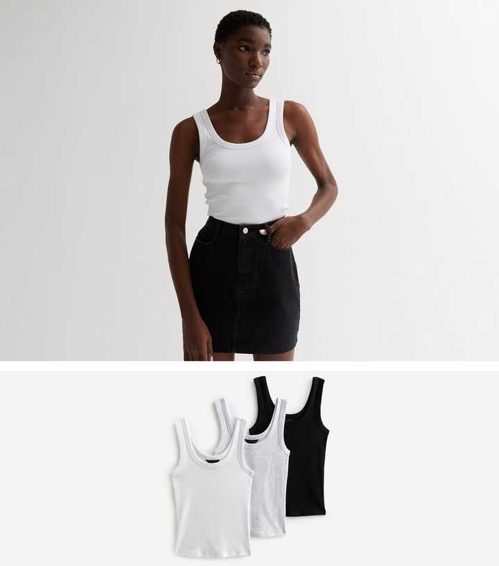 3 Pack Light Grey White and Black Ribbed Scoop Neck Vests