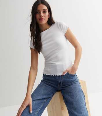 White Ribbed Jersey Frill T-Shirt