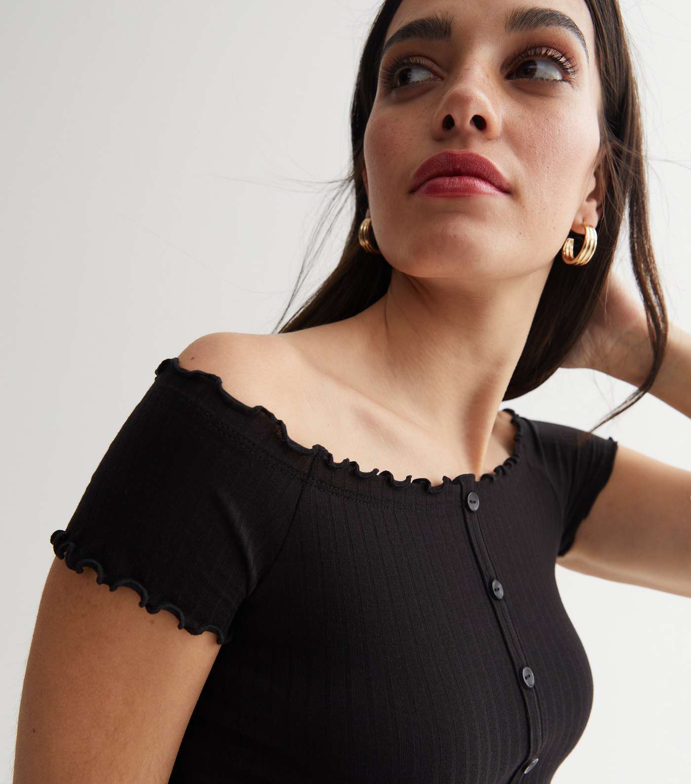Black Ribbed Jersey Bardot Frill Button Front Crop Top Image 2