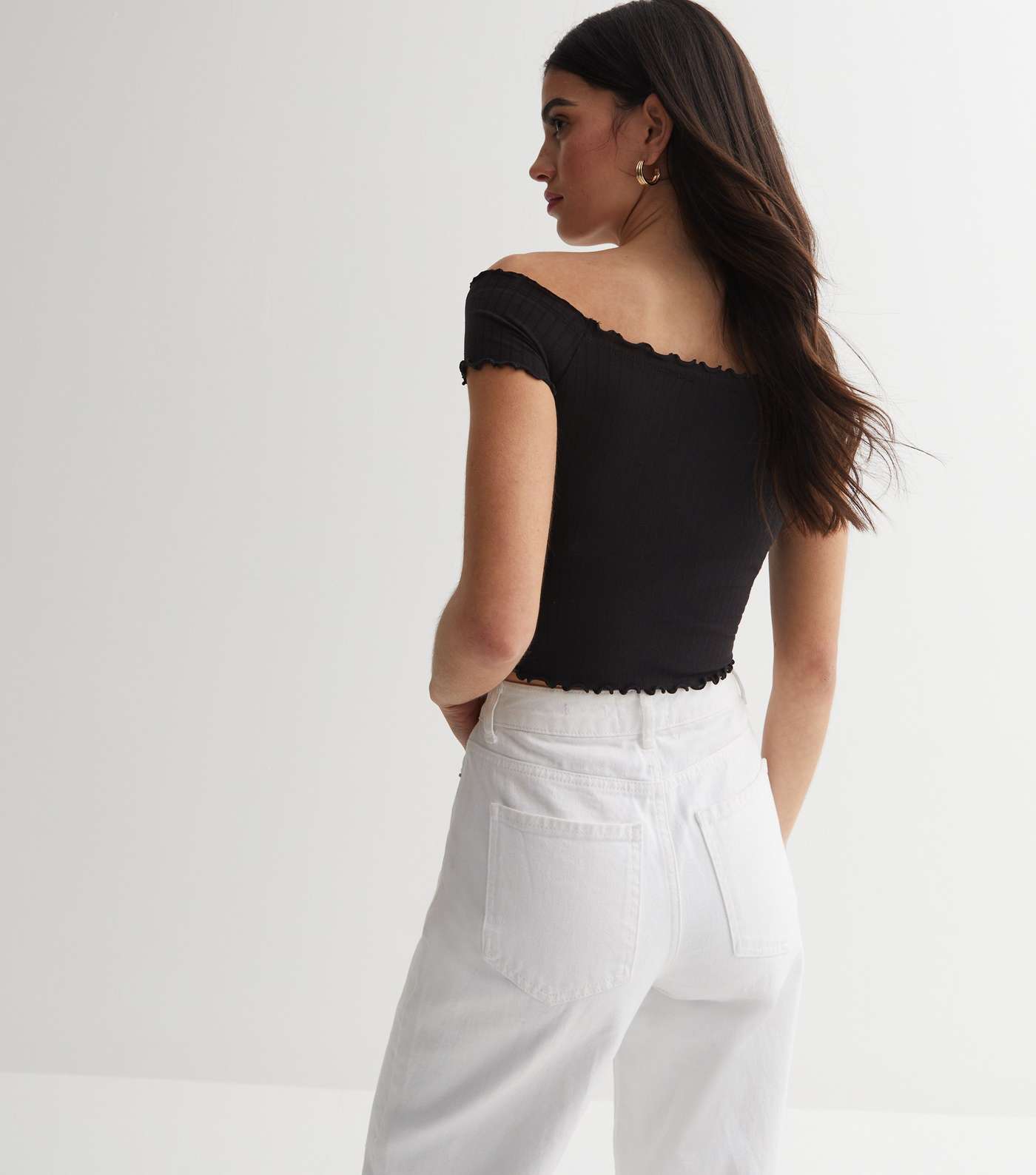 Black Ribbed Jersey Bardot Frill Button Front Crop Top Image 6