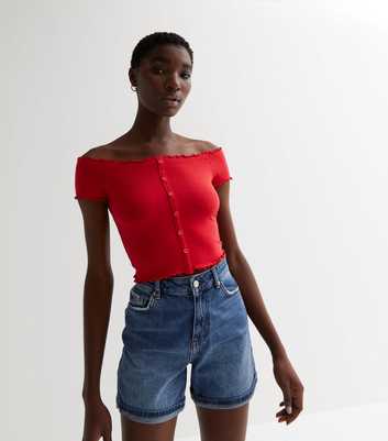 Red Ribbed Jersey Frill Button Front Bardot Crop Top