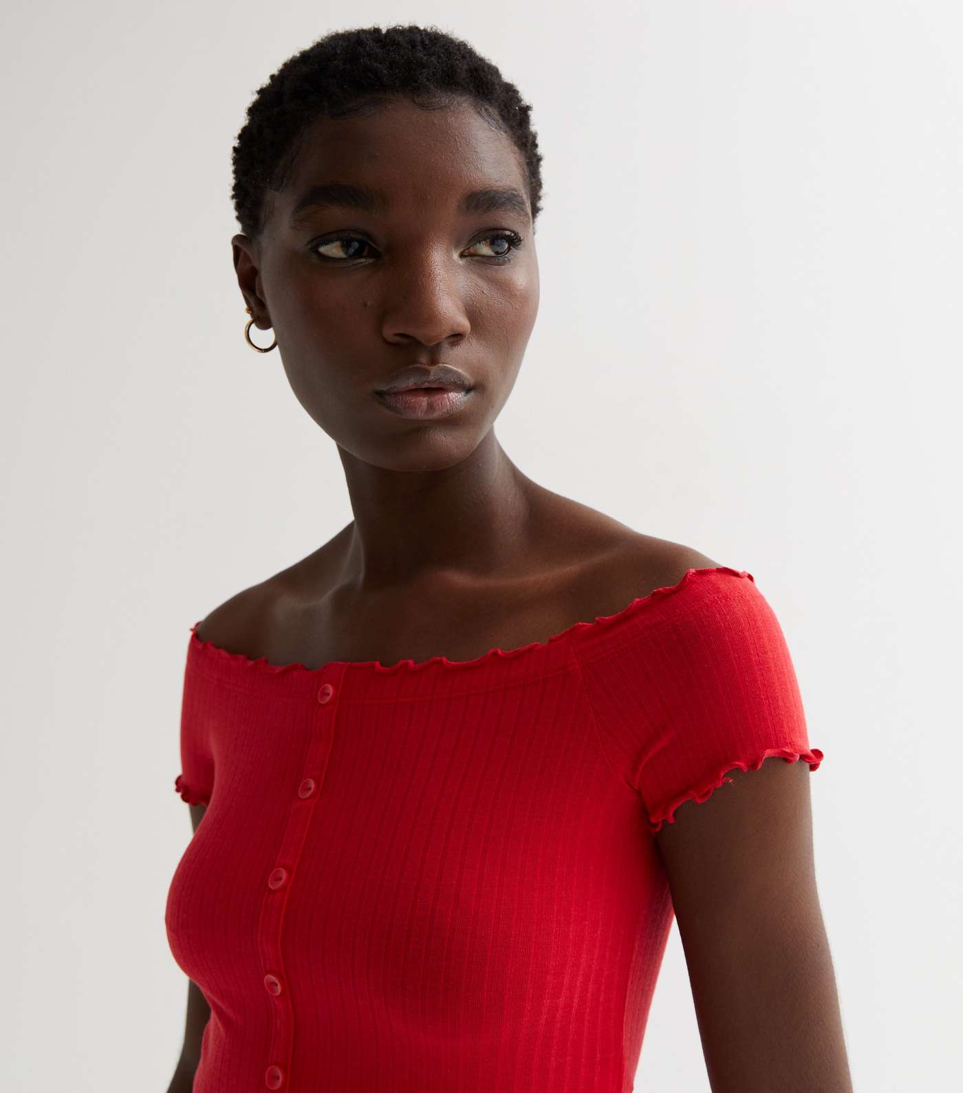 Red Ribbed Jersey Frill Button Front Bardot Crop Top Image 2