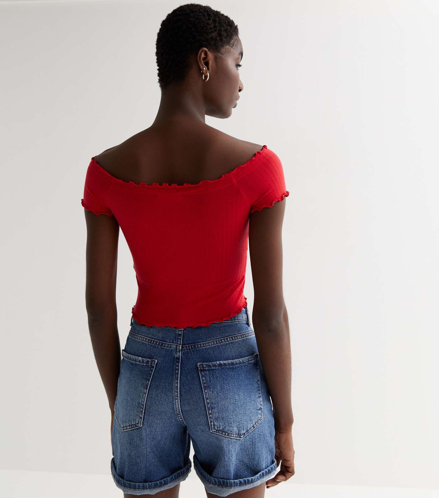 Red Ribbed Jersey Frill Button Front Bardot Crop Top Image 4