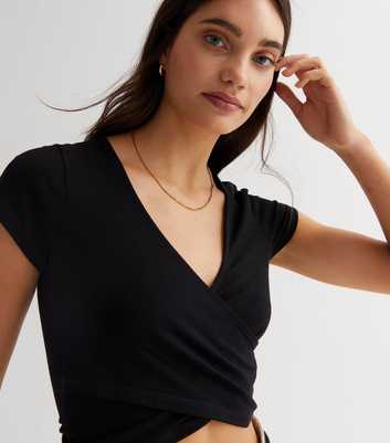 Black Jersey Wrap Front Crop T-Shirt