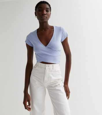 Pale Blue Jersey Wrap Front Crop T-Shirt