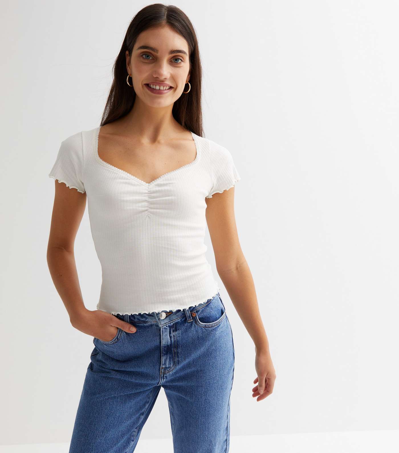 Off White Ribbed Sweetheart Frill Sleeve T-Shirt Image 2