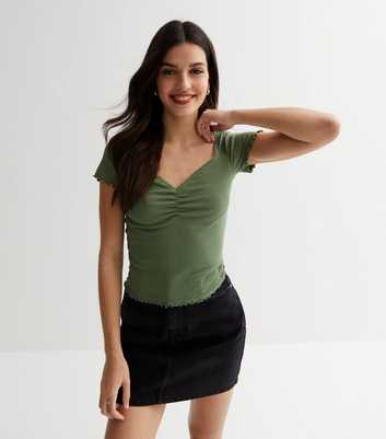 Khaki Ribbed Sweetheart Frill Sleeve T-Shirt