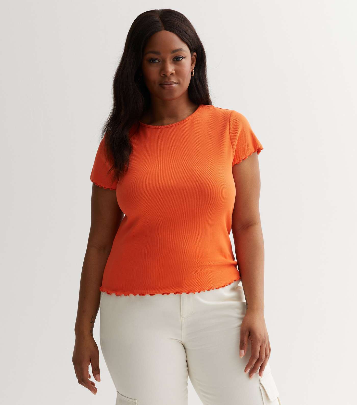 Bright Orange Ribbed Frill Hem T-Shirt Image 5