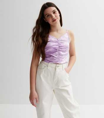 Girls Purple Floral Satin Ruched Top