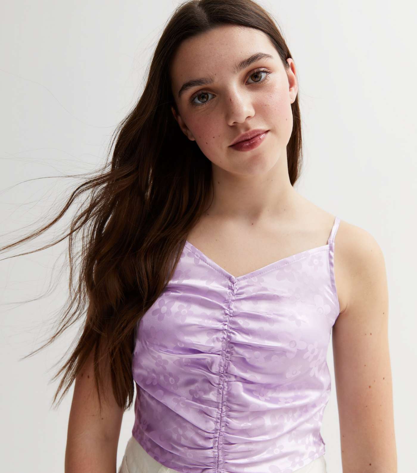 Girls Purple Floral Satin Ruched Top Image 3