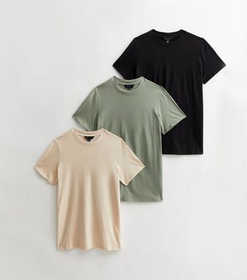 3 Pack Stone Khaki and Black Crew Neck T-Shirts New Look