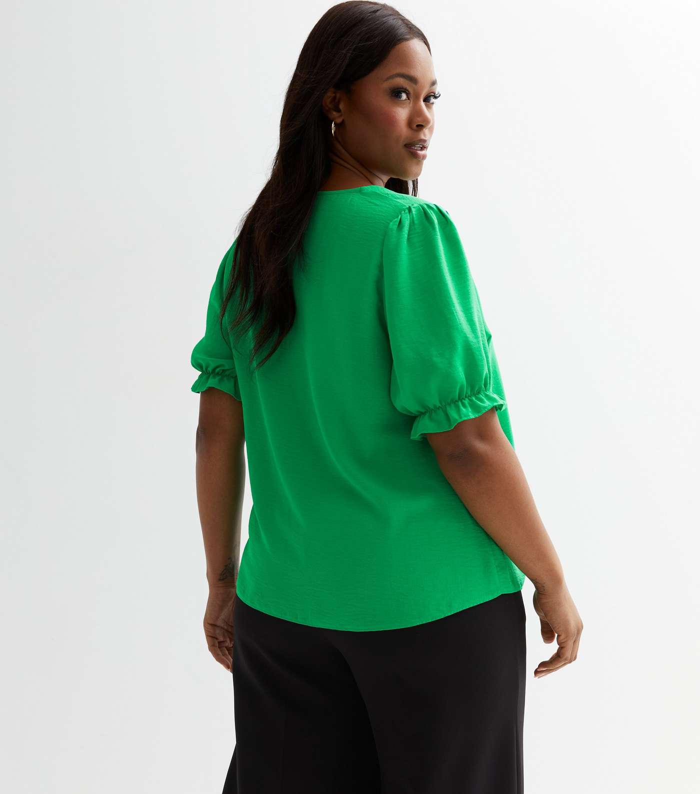 Curves Green Short Frill Sleeve Blouse Image 4