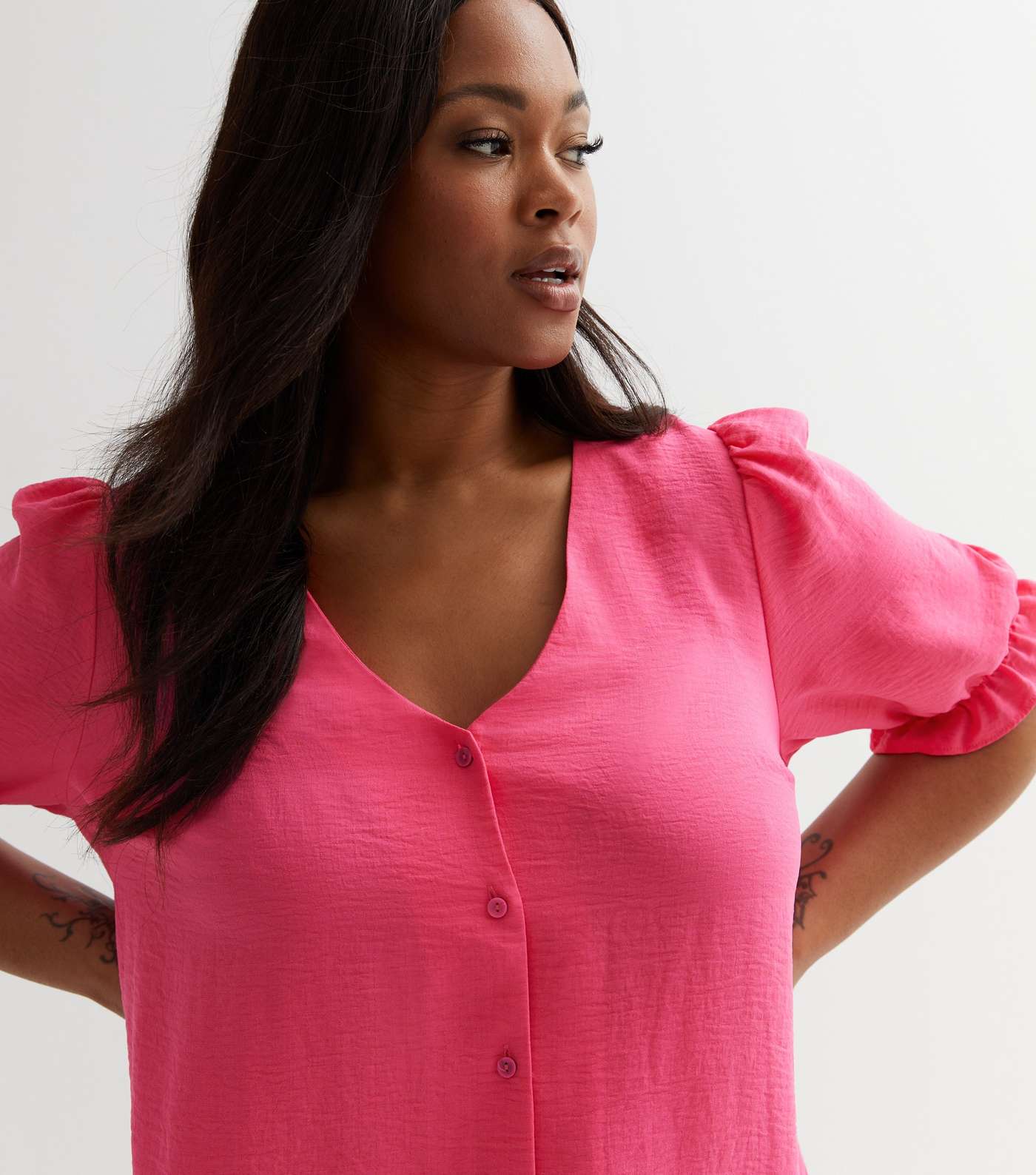 Curves Bright Pink Short Frill Sleeve Blouse Image 3