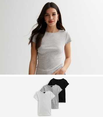 3 Pack Light Grey White and Black Ribbed Frill T-Shirts