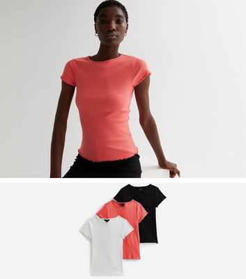 3 Pack Orange White and Black Ribbed Frill T-Shirts