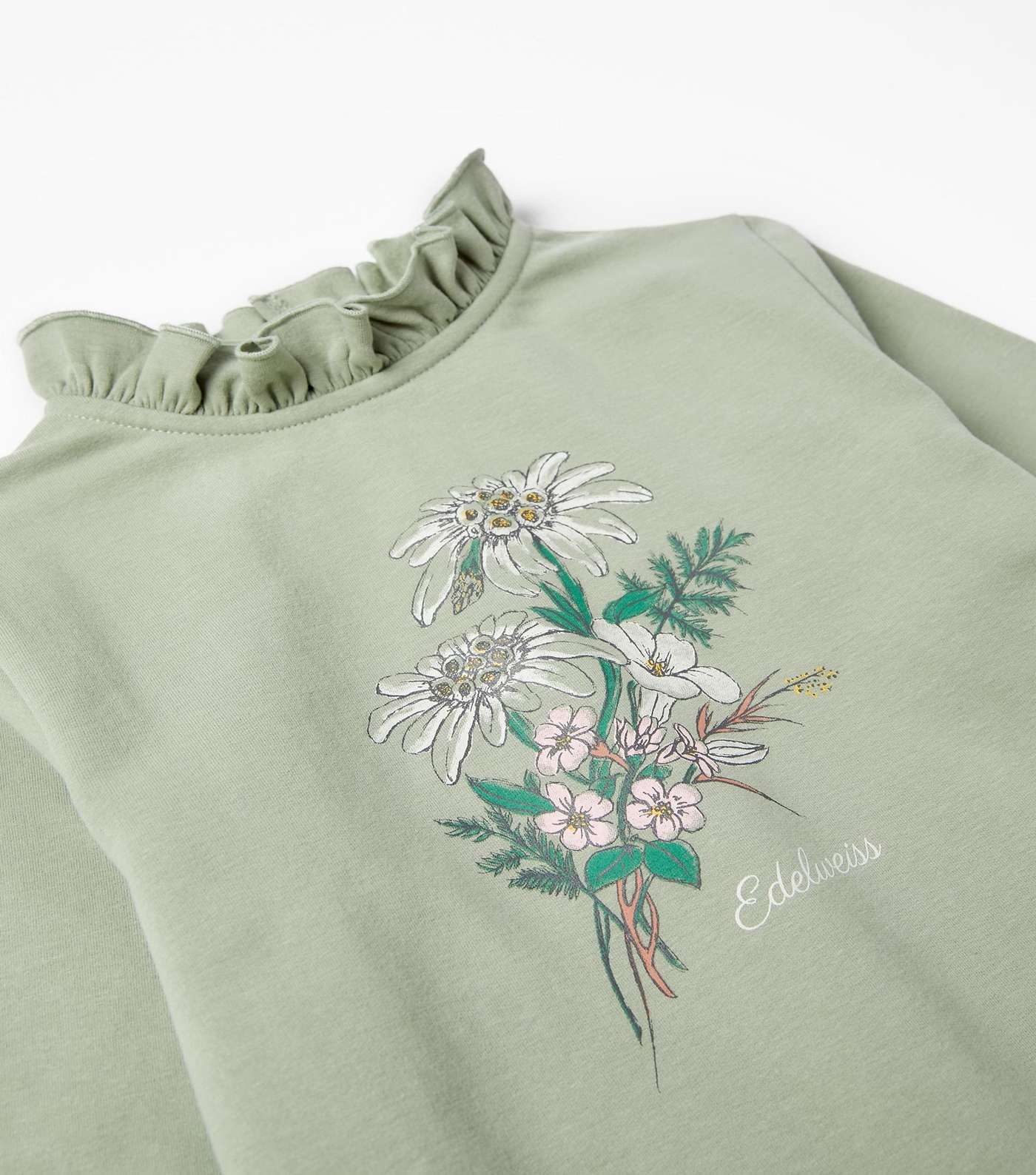 Zippy Light Green Jersey Floral Ruffle Neck Logo Sweatshirt Image 3