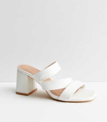 Wide Fit White Leather-Look Asymmetric Strap Block Heel Mules