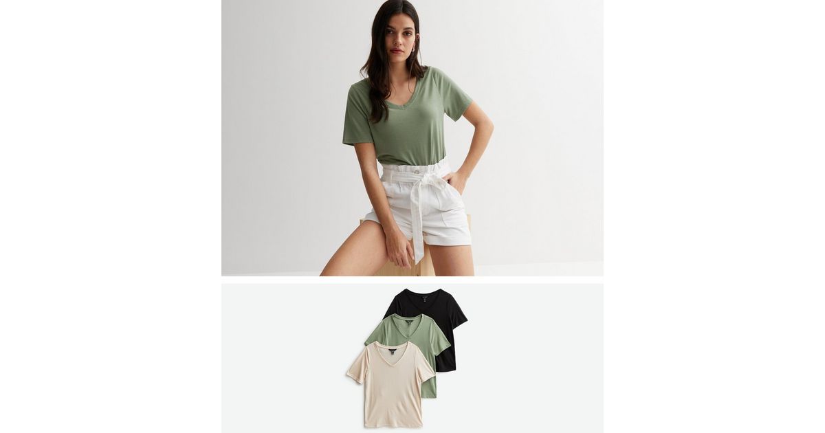 3 Pack Stone Green and Black V Neck TShirts New Look