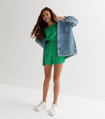 Girls Green Floral Crepe Bardot Playsuit