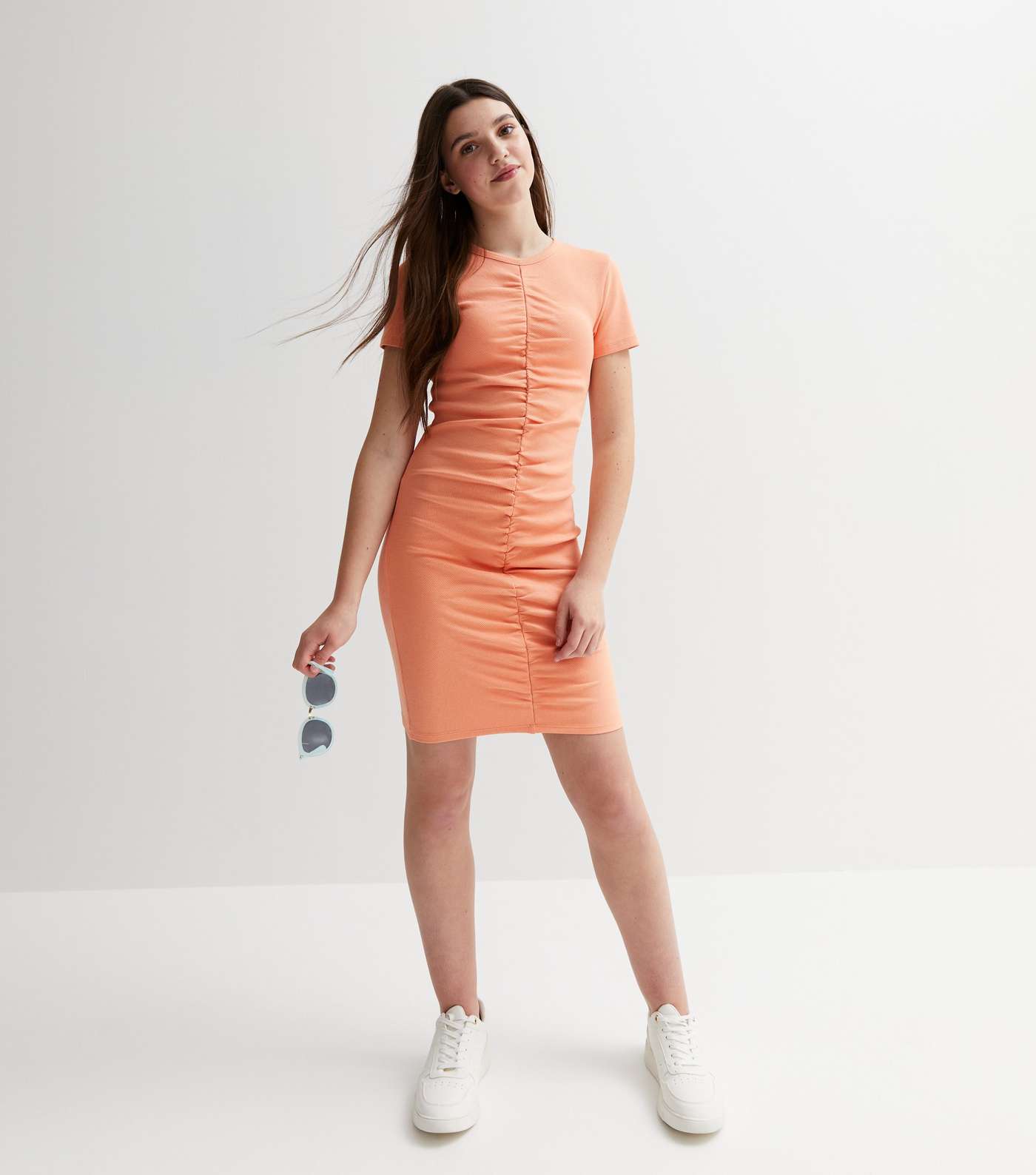 Girls Coral Ribbed Ruched Dress Image 3