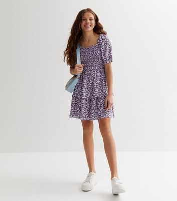 Girls Purple Ditsy Floral Shirred Tiered Mini Dress