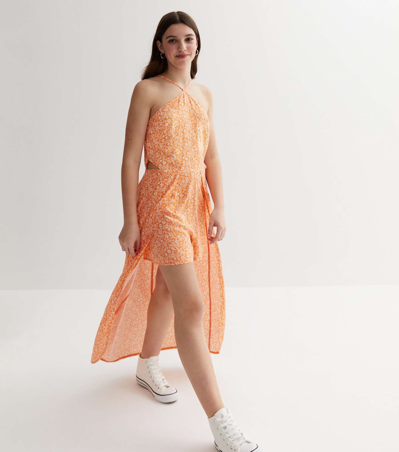 Girls Orange Floral Halter Short Maxi Dress Image 2