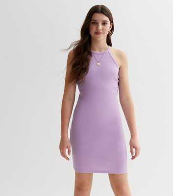 Girls Light Purple Ribbed Jersey Halter Mini Dress