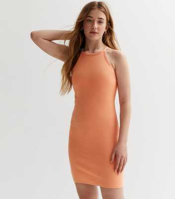 Girls Orange Ribbed Halter Mini Dress