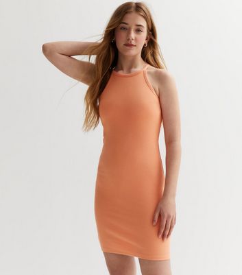 Girls Orange Ribbed Halter Mini Dress