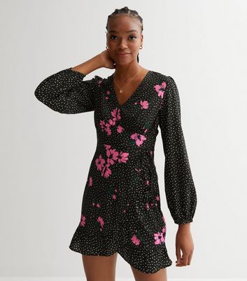 Tall Black Floral Polka Dot Frill Mini Wrap Dress New Look