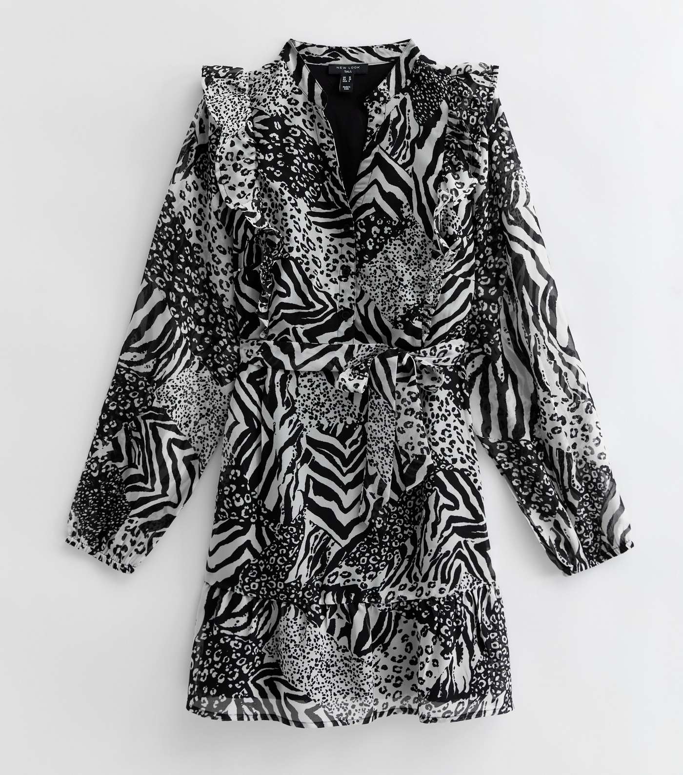 Tall Black Mixed Animal Print Long Sleeve Mini Wrap Dress Image 5