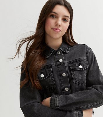 Girls Black Denim Frayed Crop Jacket | New Look