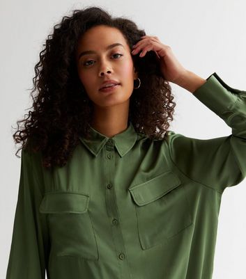 Tall Olive Satin Long Utility Shirt New Look