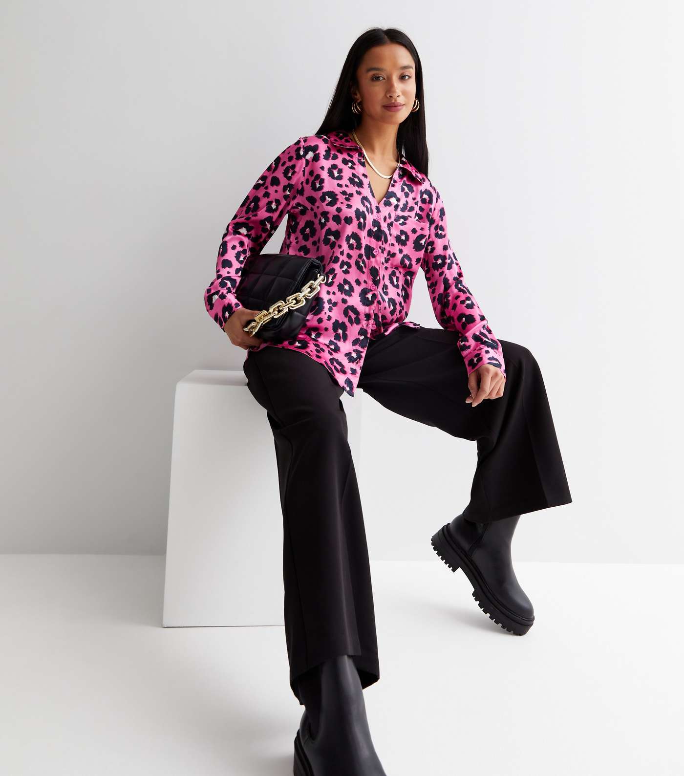 Petite Pink Leopard Print Satin Shirt Image 2