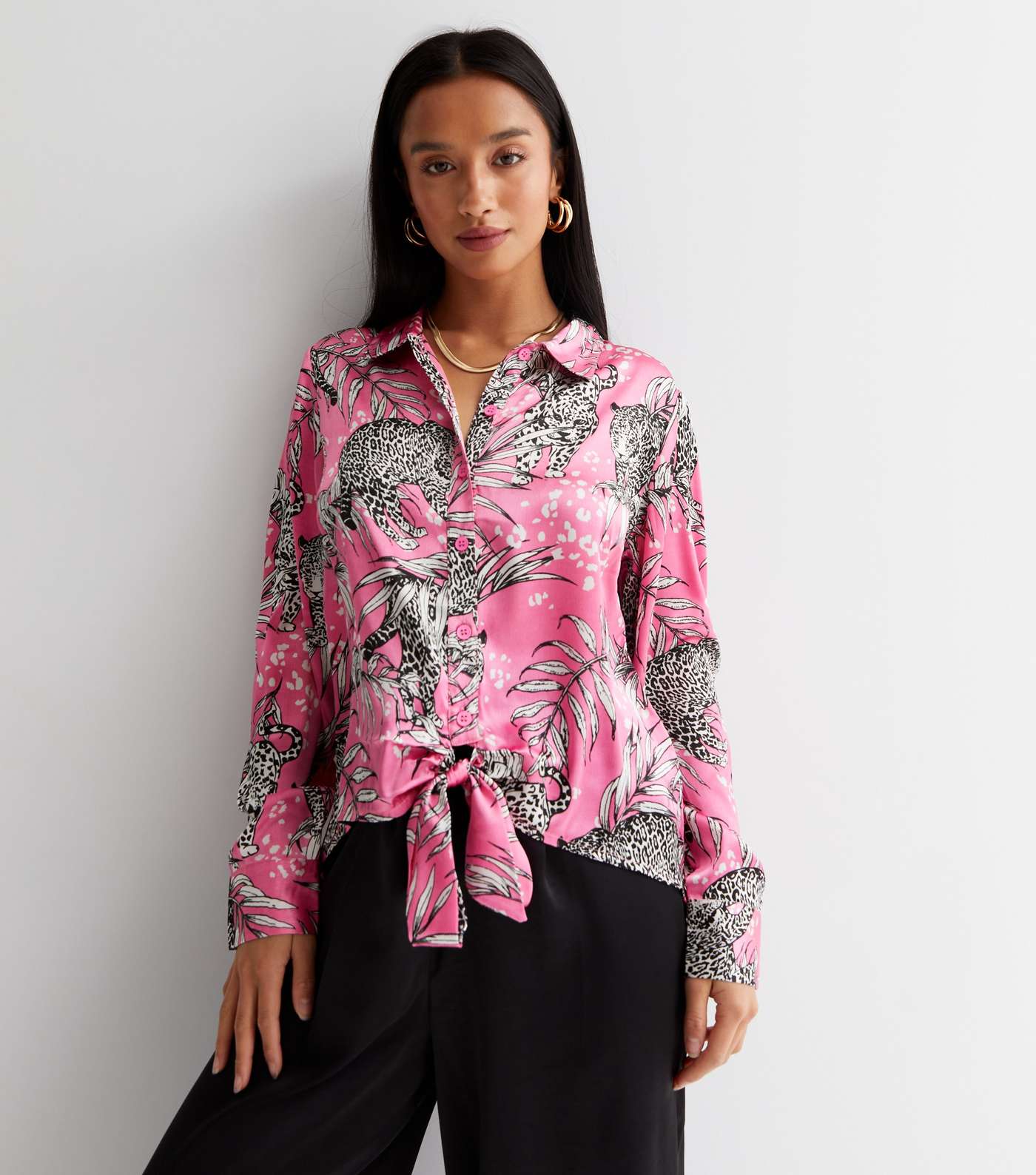 Petite Pink Leopard Print Satin Tie Front Shirt Image 2