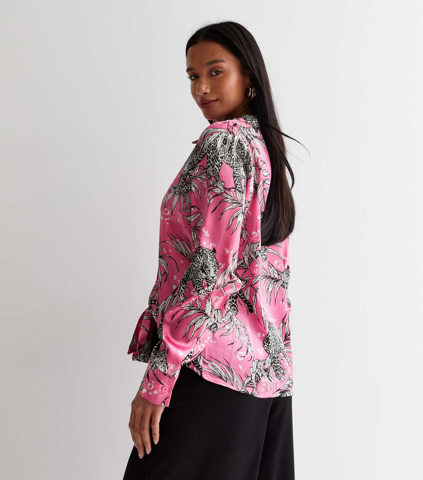 Petite Pink Leopard Print Satin Tie Front Shirt Image 4